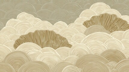 Abstract Landscape with Golden Rounded Hills Against Faded Textured Background in Digital Art Style with Ornate Circular Lines and Subtle Color Palette