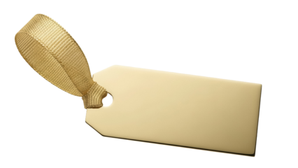 Blank golden tag with ribbon isolated PNG on transparent background, elegant label for gift, price, or product branding and marketing