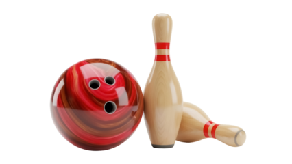 Bowling ball and pins PNG isolated on transparent background, red and brown ball with finger holes for sports and recreation