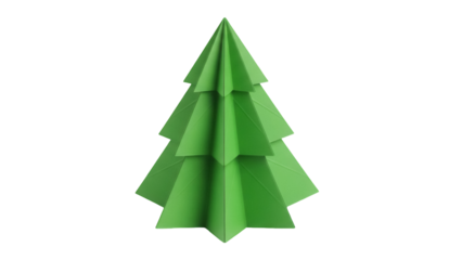 Origami Christmas tree PNG isolated on transparent background, green paper folded tree for holiday crafts and festive decorations