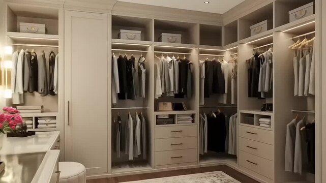 Luxurious walk in closet interior design with elegant dressing table and clothing racks