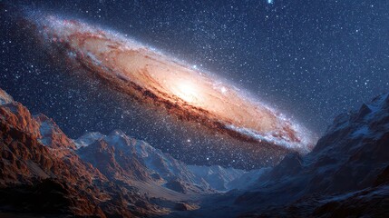 Andromeda Galaxy Over Mountain Range at Night With Starry Sky in Dramatic Lighting Detailed 3D Render Cosmic Space Scene
