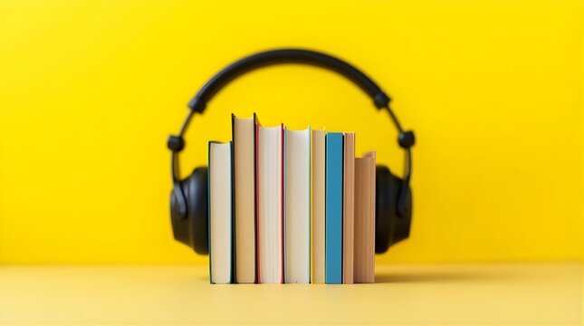 Hardcover books with over-ear headphones on yellow background representing audiobook concept