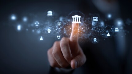 Close-up of a hand with fingertip touching an illuminated display of digital legal symbols