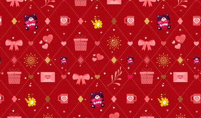 Valentine Seamless Pattern With Heart, Teddy, Mug, Bow, Snowflake Elements . Pink Color Love Geometric in Red Backgrounds.