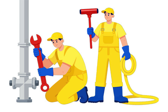 Two Plumbers in Yellow Uniforms Working with Tools