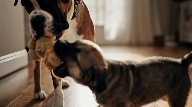 木製フロアの室内で、ボクサー成犬がおもちゃを優しくくわえ、子犬が取ろうとする遊びのシーン。
暖かな室内光とナチュラルな床の質感が、家庭的で安心感のある雰囲気を演出します。