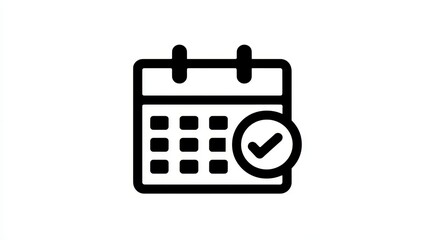 A flat black and white icon depicting a calendar with checkmark, suggesting a completed or approved date