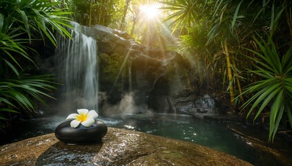 Tranquil tropical waterfall spa with flower and stones surrounded by lush green jungle foliage and sun rays