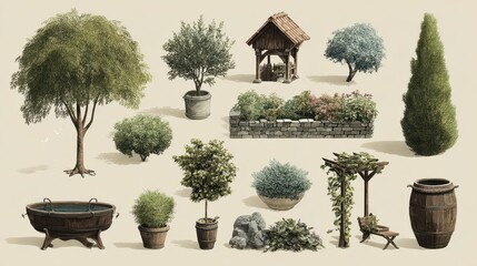 A collection of various stylized garden elements, including trees, structures, and decorative pots on a neutral beige background
