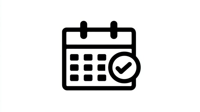 A flat black and white icon depicting a calendar with checkmark, suggesting a completed or approved date