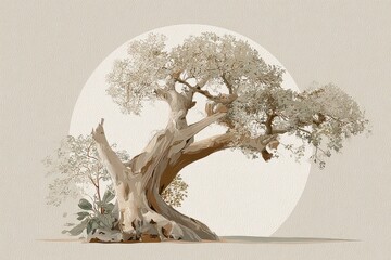 Abstract Textured Artwork of Solitary Olive Tree Against a Pale Neutral Background with Earth Toned Leaves and Branches With an Impressionistic Mosaics Aesthetic