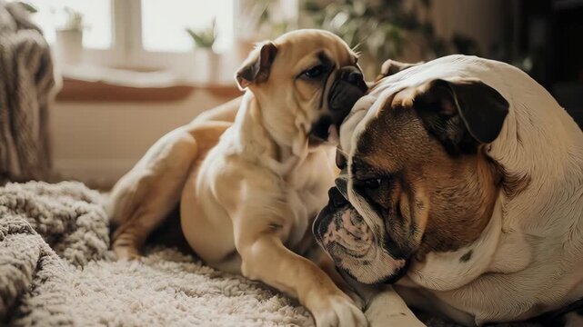 暖かく落ち着いた室内で、休んでいるブルドッグ成犬の顔に子犬が前足を伸ばす微笑ましいシーン。
柔らかな室内照明と落ち着いた色合いが、安心感のある雰囲気を演出します。