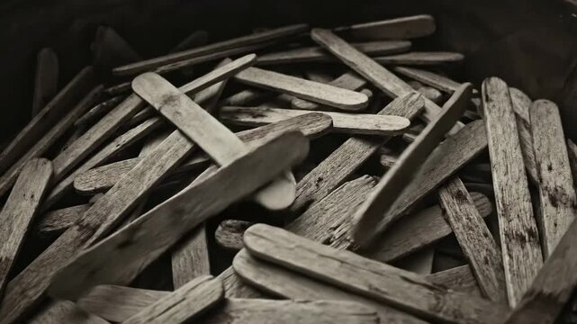 Pile of wooden popsicle sticks texture background. Close-up panning shot over a heap of rustic craft sticks. Abstract wood pattern and recycling concept