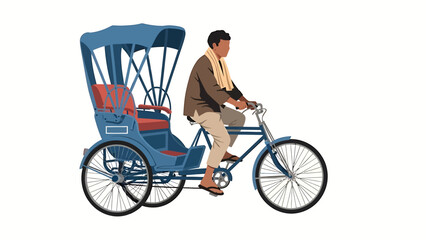 Man driving a blue rickshaw with a passenger seat.