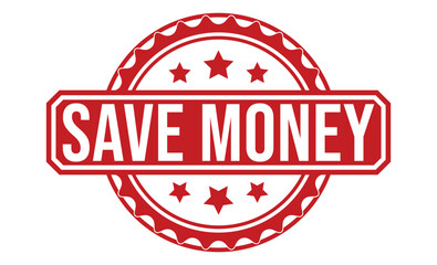 Red Save Money Stamp with White Text and Stars on Circular Background