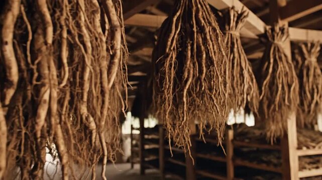 Rustic drying shed filled with bundles of dried roots hanging from wooden beams natural light illuminates the earthy tones and textures of the harvested plant material creating an atmosphere of
