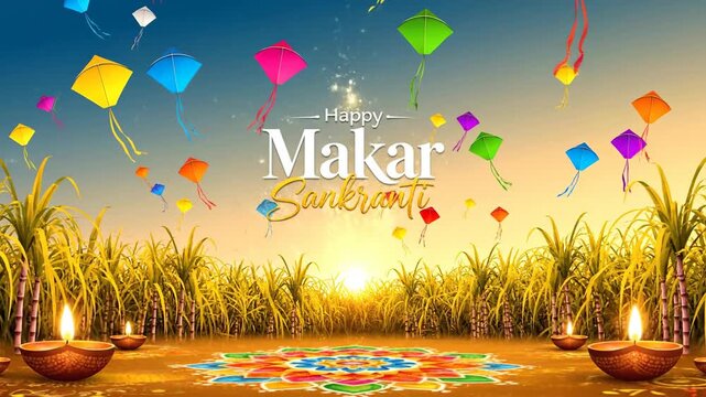 Makar Sankranti Festival Background Kites Sunrise Sugarcane Diyas Rangoli