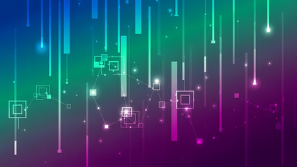A vibrant digital illustration of glowing lines and squares in a futuristic design