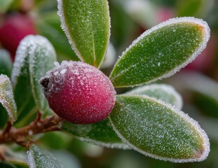 Close Up of a Red Berries with Sparkling Frost on Green Leaves in Natural Light