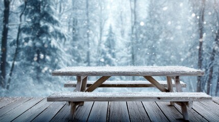 A snow-covered picnic table sits on a wooden deck with a blurred, snowy forest in the background