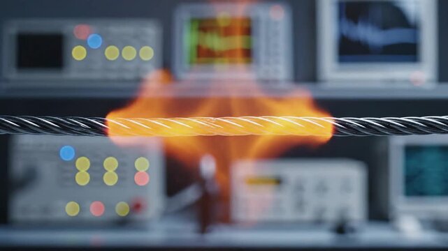 Thick Metal Cable Subjected To Intense Heat And Flames In A Scientific Laboratory Setting With Oscilloscopes And Electronic Equipment In The Background