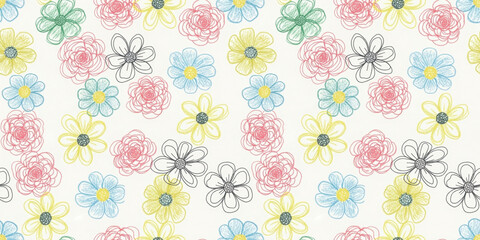 Cute floral seamless pattern with hand-drawn flowers. Sketchy doodle illustration in pastel pink, blue, and yellow. Decorative background for wallpaper or fabric