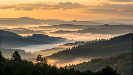 A breathtaking mountain landscape at dawn features a misty valley and forest hills under a vibrant red sky as the sun rises over the snowy winter peaks