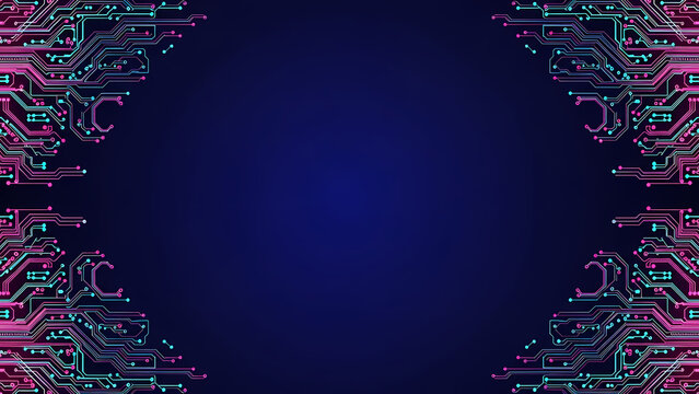 A futuristic circuit board design with pink and blue lines on a dark blue background