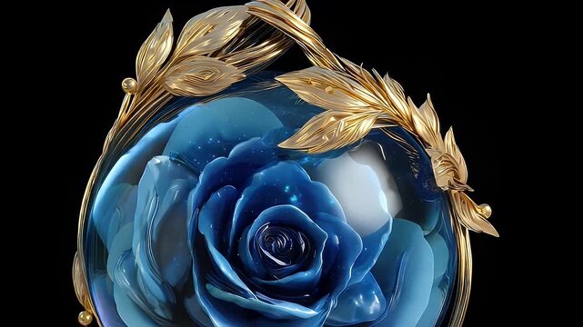 Blue rose in glass dome, golden leaves frame