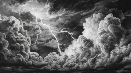 Dramatic Black and White Thunderstorm with Lightning Striking Across Heavy Clouds over Dark Landscape