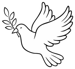 Obraz premium Dove in Flight Carrying Olive Branch - Symbol of Peace and Hope in Line Art