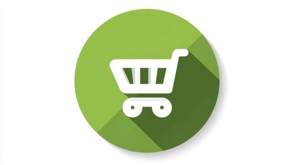 A white shopping cart icon with a long shadow is centered on a green circle against a white background. This design is clean and modern
