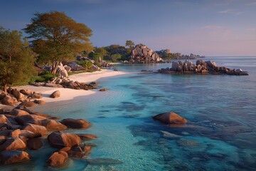 Blue Ocean Shoreline with Granitic Boulders and Verdant Trees in Seychelles at Sunrise with Soft Lighting and Warm Hues Creates Idyllic Tropical Beach Scene