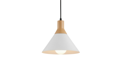 Modern white pendant light isolated PNG, stylish hanging lamp with wooden top on transparent background for interior design projects