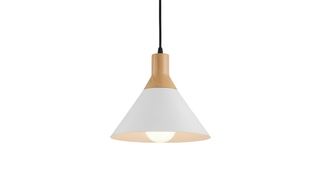 Modern white pendant light isolated PNG, stylish hanging lamp with wooden top on transparent background for interior design projects