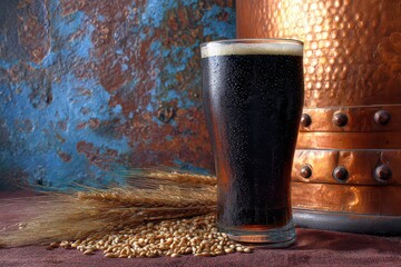 Dark Beer in a Glass with Malt Seeds Against Rustic Textured Backdrop and Copper Still in Studio Lighting