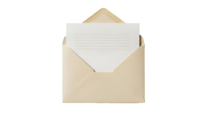Open beige envelope with lined paper isolated PNG, stationery for correspondence and invitations on transparent background