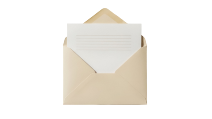 Open beige envelope with lined paper isolated PNG, stationery for correspondence and invitations on transparent background