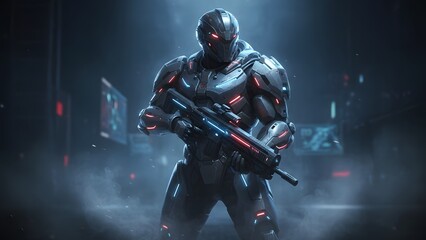 Futuristic soldier in tactical gear holding advanced rifle in smoky urban setting