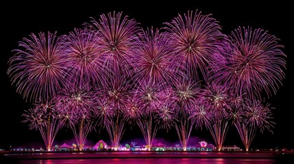 Brilliant Magenta Fireworks Exploding in the Dark Night Sky over City Lights Reflection on Water at Night for Celebration