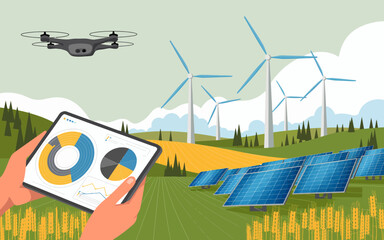 A scene showcasing renewable energy sources like solar panels and wind turbines, highlighting the role of technology in fostering sustainable environmental practices.