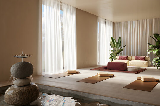 Serene yoga retreat with a fountain and a meditation area