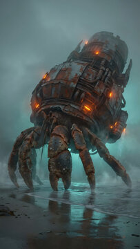 Giant robotic crab monster on a foggy beach. Steampunk hermit crab with a rusty mechanical shell and glowing lights. Sci-fi post-apocalyptic fantasy creature concept