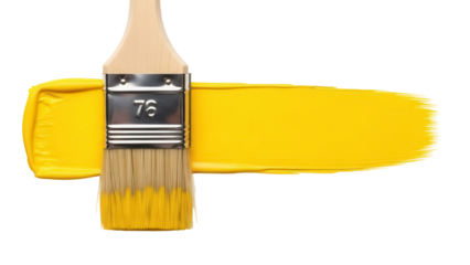 Paint brush with yellow paint stroke isolated PNG, painting tool for art projects and creative design on transparent background
