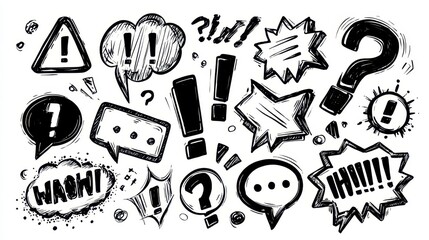 Black and white hand-drawn illustration with various speech bubbles, exclamation points, and question marks, evoking communication and thought
