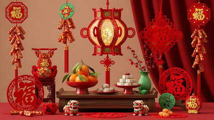 Obraz premium A vibrant display of traditional Chinese New Year decorations including red lanterns, paper cuttings, firecrackers, tangerines, and festive treats, symbolizing prosperity and good fortune.