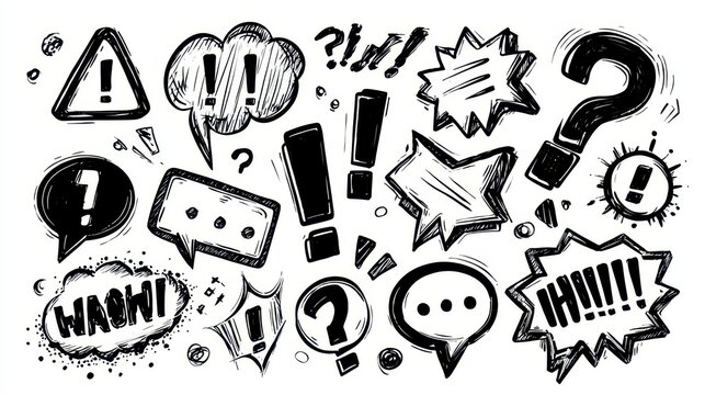 Black and white hand-drawn illustration with various speech bubbles, exclamation points, and question marks, evoking communication and thought - Powered by Adobe