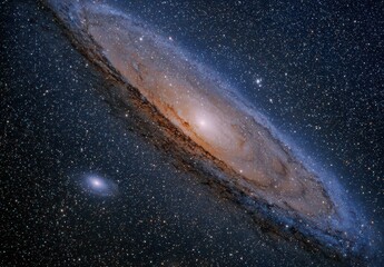 Detailed View of the Andromeda Galaxy with Swirling Blue Hues and Starry Backdrop Shimmering in the Night Sky