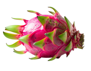 Vibrant pink fruit with green scales on a black background